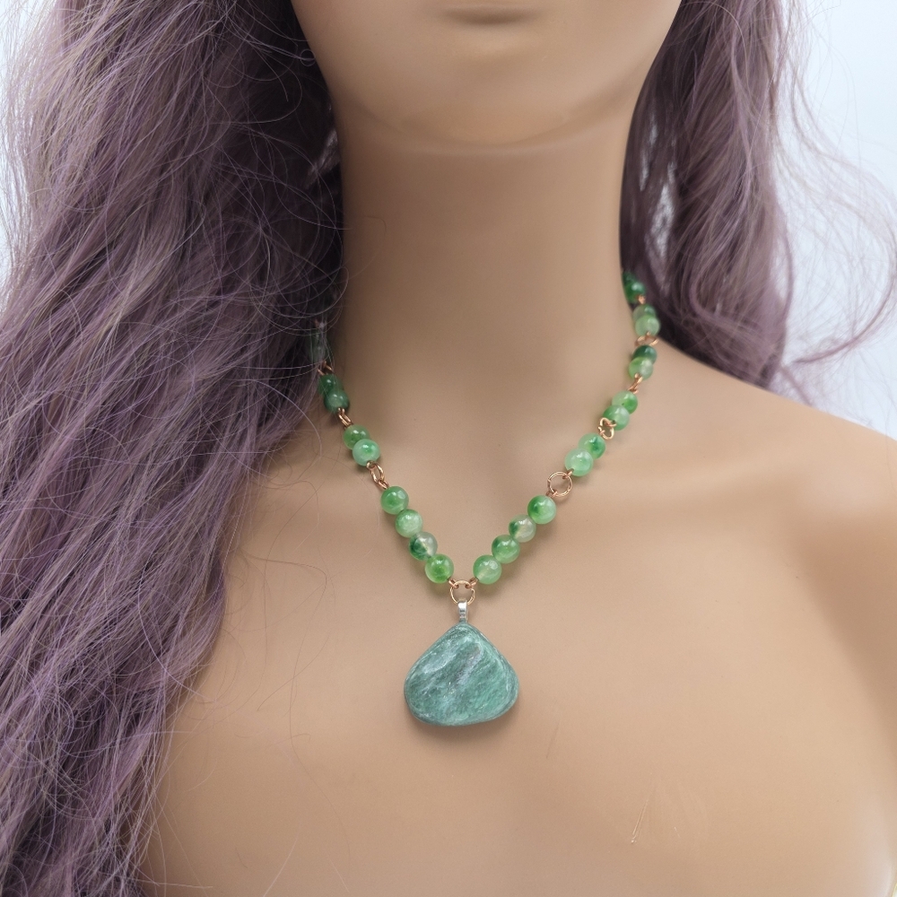 Green Beaded Necklace with Amazonite Stone Pendant – Boho Jewelry - Picture 5 of 5